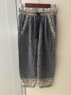 Sea New York Silk Navy Printed Boho Drawstring Cropped Pants